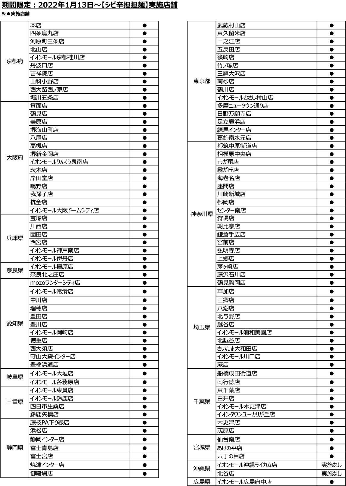 シビ辛担担麵実施店舗一覧